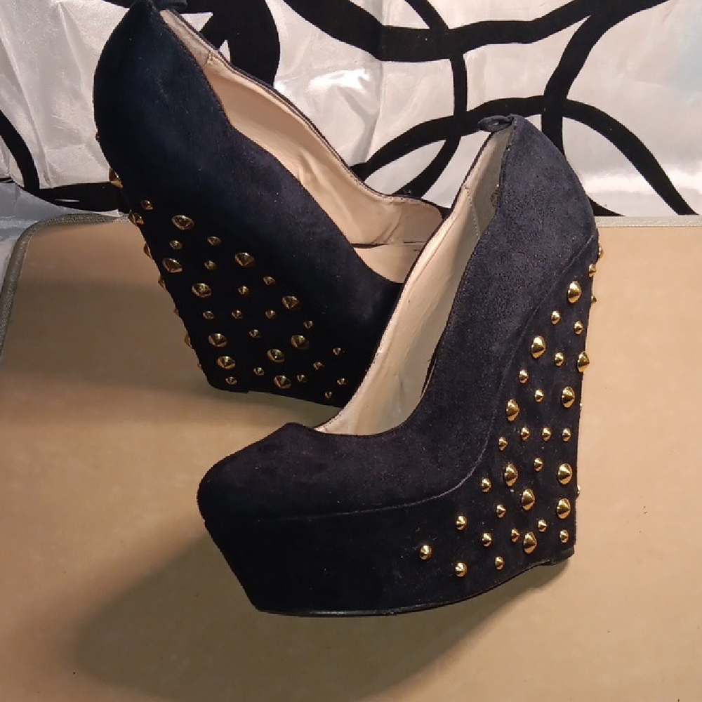 JustFab Black Wedges with Gold Accents